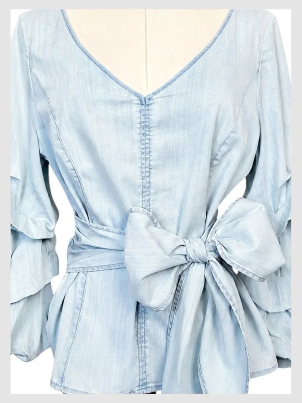 White House Black Market Denim Tencel Tie Waist Blouse Light Blue 10 L - Picture 3 of 10